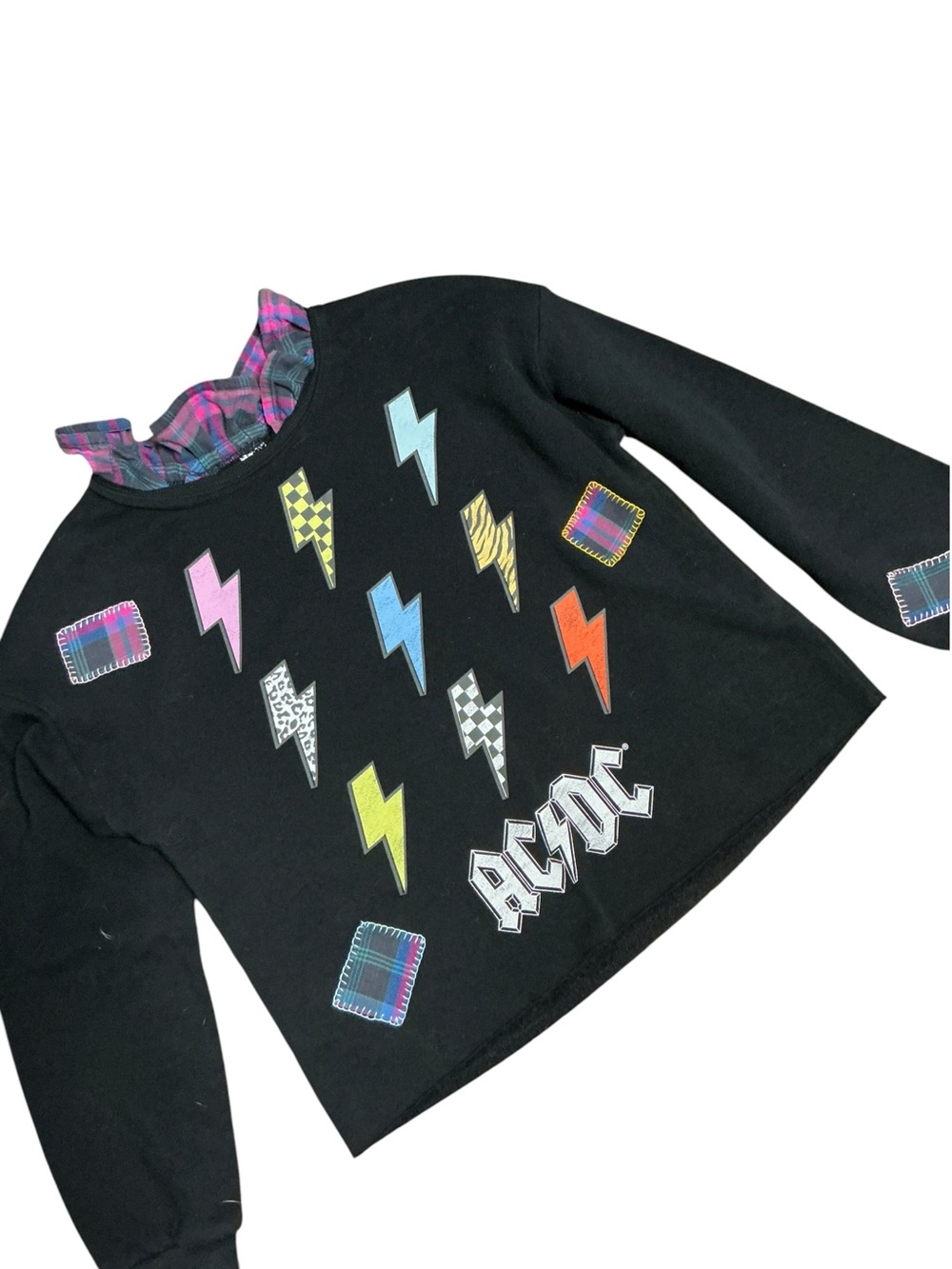 AC/DC Band Upcycled Sweatshirt Lightening Bolts Patches Blanket Stitching Grunge - Picture 11 of 13